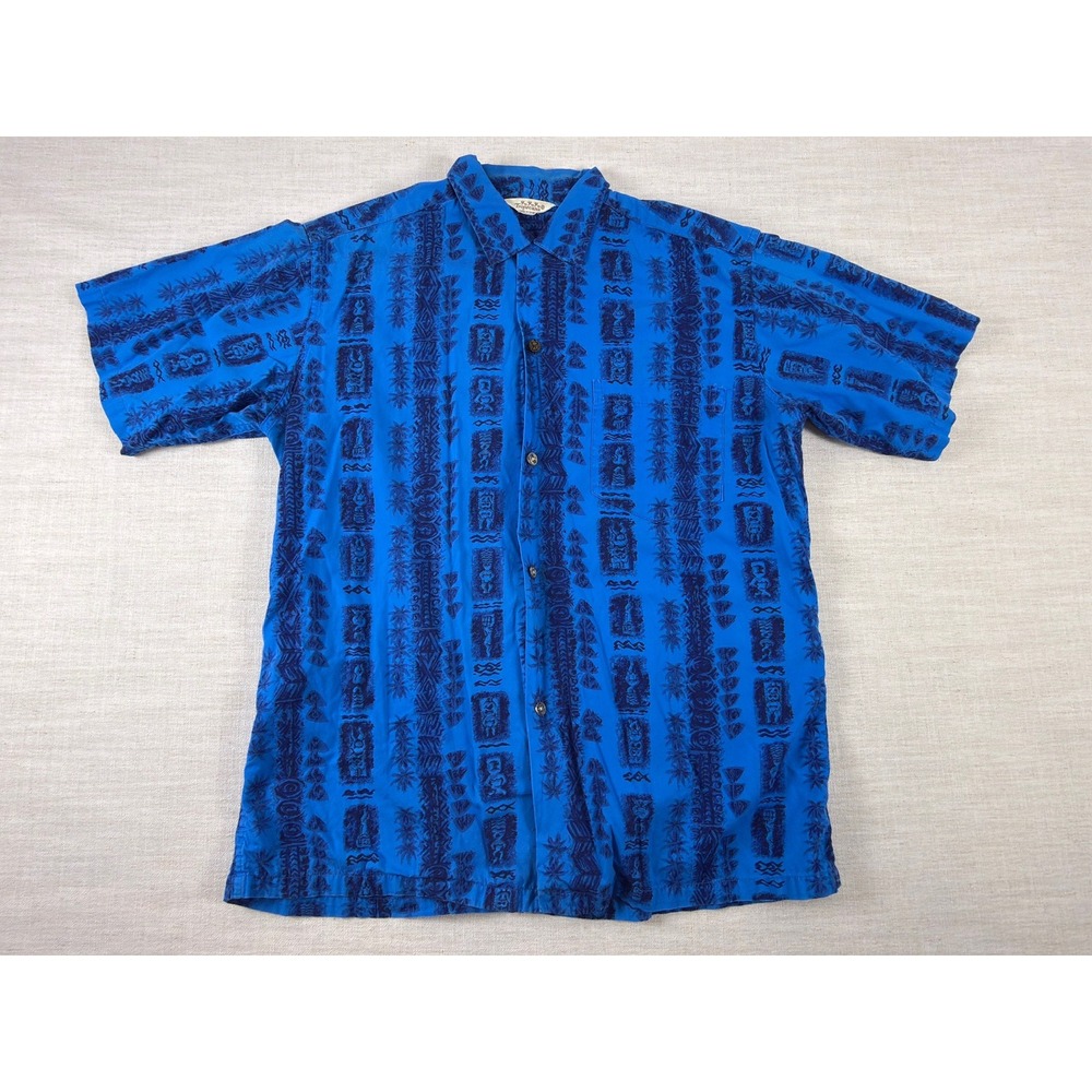Vintage Tropicana Honolulu Mens Blue Tiki Palm Tree Hawaiian Shirt Short Sleeve